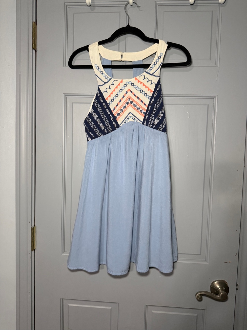 Flying Tomato Light Blue Dress with Navy & Cream Patterned Bodice